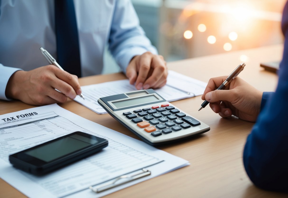 A calculator and tax forms on a desk, with a person seeking professional advice