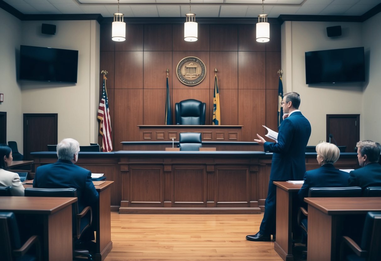 A courtroom with a judge's bench, witness stand, and jury box, with a lawyer presenting evidence to the jury