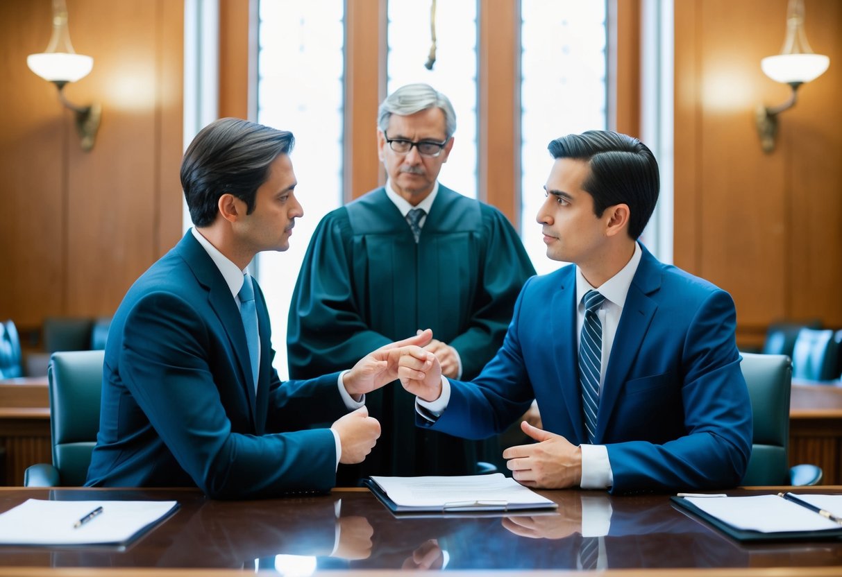 A courtroom with two lawyers discussing and negotiating a settlement, with a judge overseeing the process
