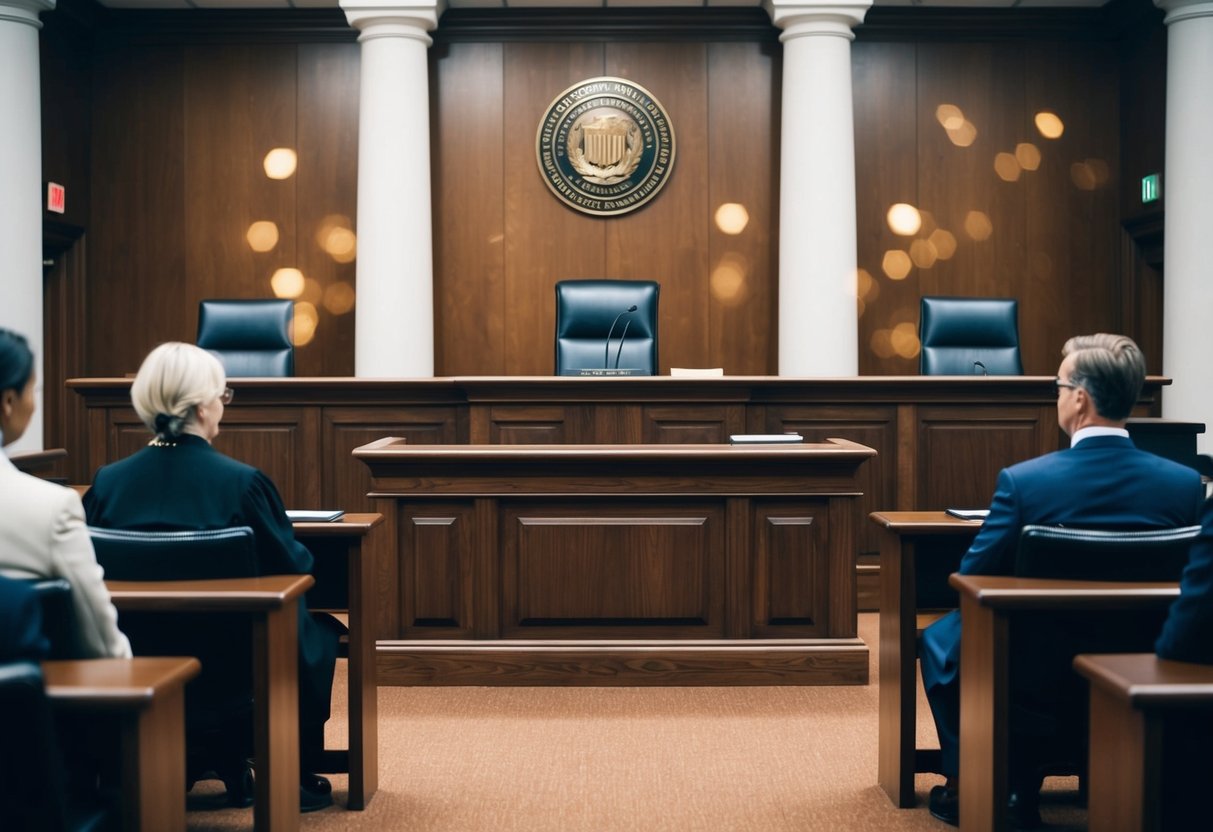 A courtroom with a judge's bench, witness stand, and seating for lawyers and clients