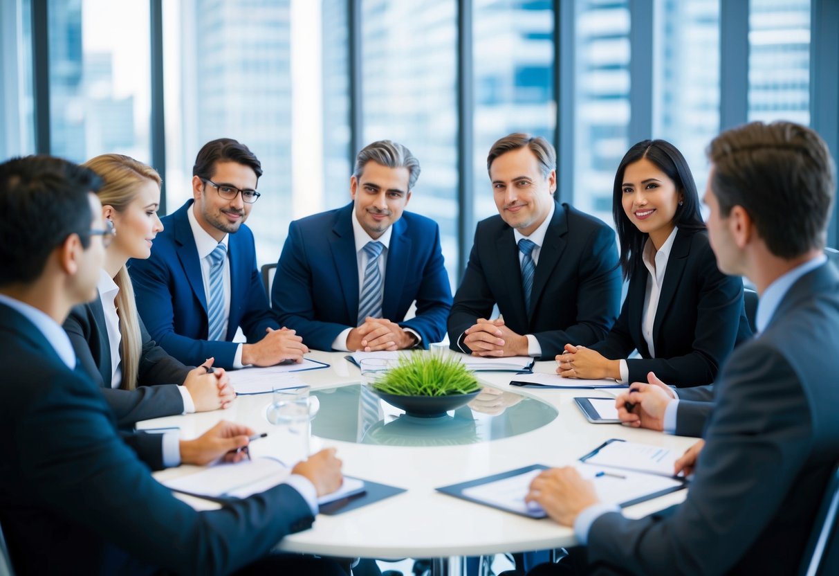 A group of professionals seated around a conference table, discussing and planning the future leadership of a company