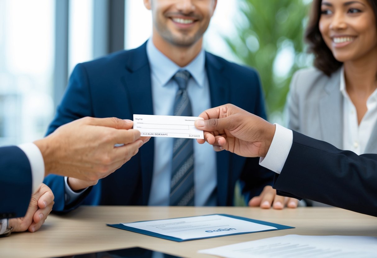 A person handing over a check to a trustee, with the grantor looking on